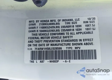2020 Honda Cr-V 2Wd Ex from USA, damaged, VIN 7FARW1H58LE028599